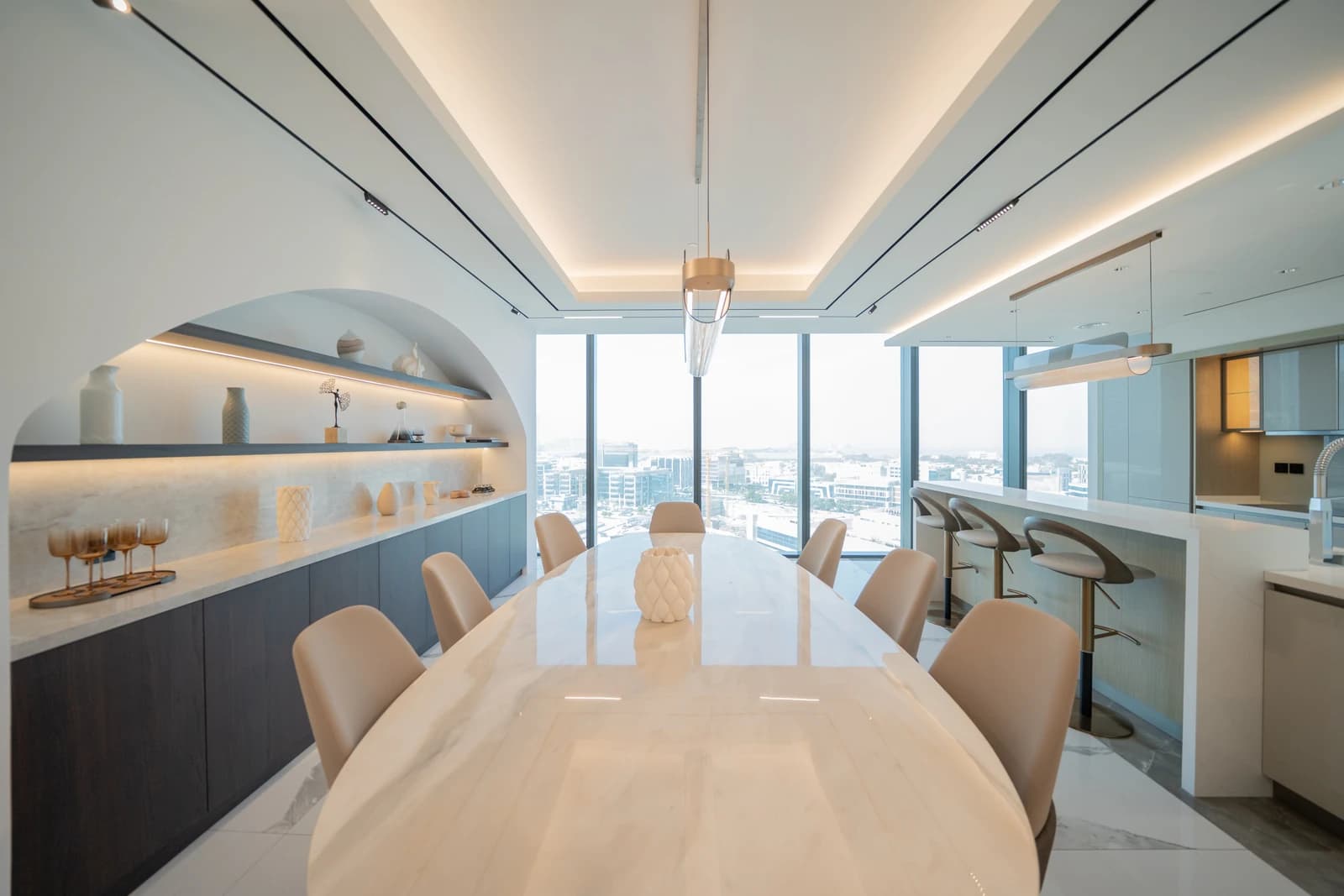 Ultra-premium open-plan kitchen with panoramic city views in Sobha Tower